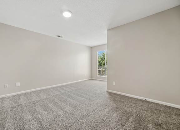 A spacious living room with a carpeted floor and a window.
