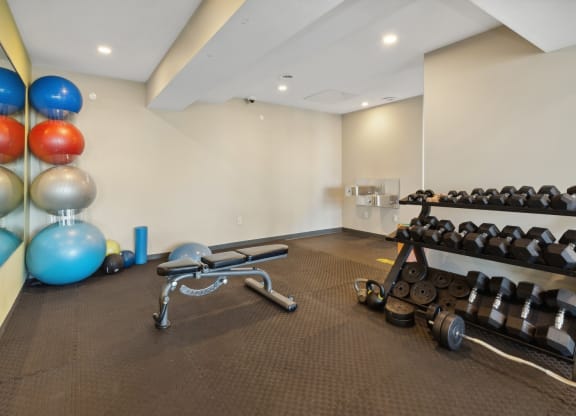 the gym with weights and balloons at the district flats apartments in lenexa at The Rowe, Grand Rapids