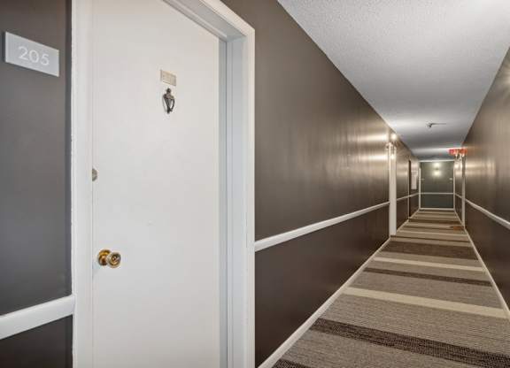 A hallway with a carpeted floor and doors on both sides.