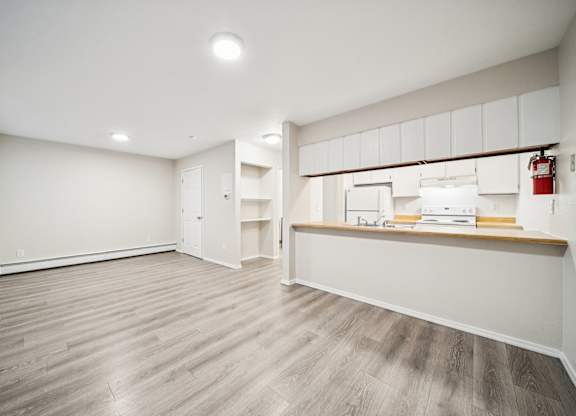 A room with a white wall and a wooden floor.