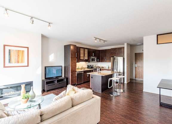 Open concept living area with kitchen and fireplace at 1800 Lake Apartments, Minneapolis, 55408