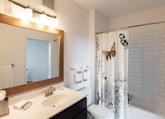 Bathroom with framed mirror and decorative shower curtain at 1800 Lake Apartments, Minnesota, 55408