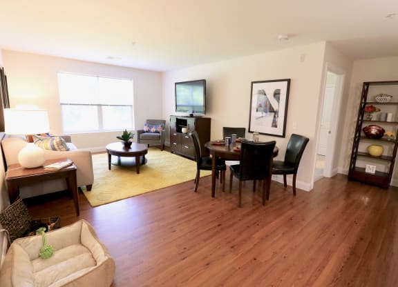 Living room apartment interior with furniture at Mallory Ridge, Bloomfield, Connecticut