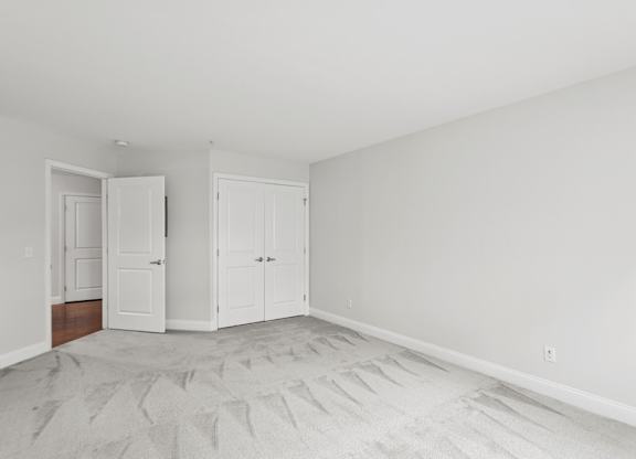 A room with two white doors and a carpeted floor.