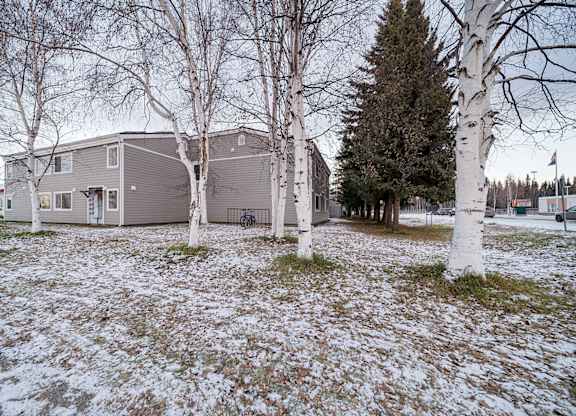 A house with a grey roof and white trees in front.
