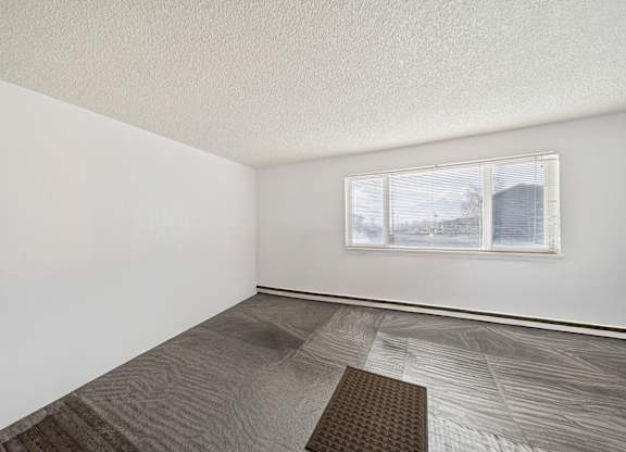 A room with a window and a grey carpet.