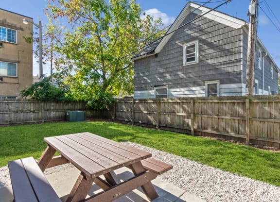 a backyard with a picnic table