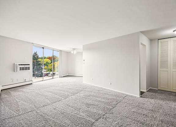 A large, empty room with a carpeted floor and a view of trees through a window.