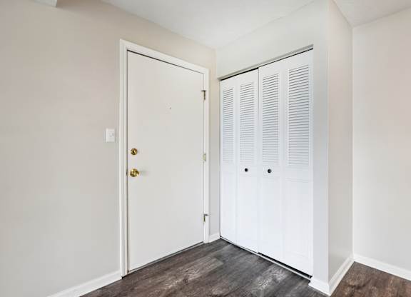 A white door with a gold handle is on the left and a white closet with white doors is on the right.