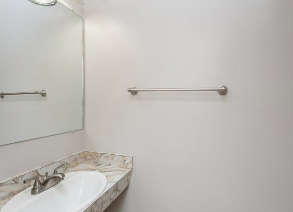 a bathroom with a sink and a mirror and a towel rack