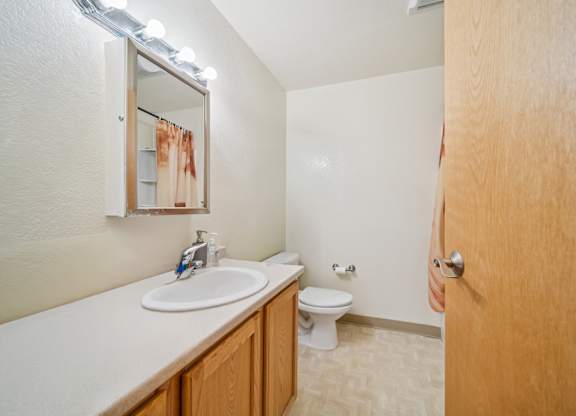 A bathroom with a toilet, sink, and mirror.