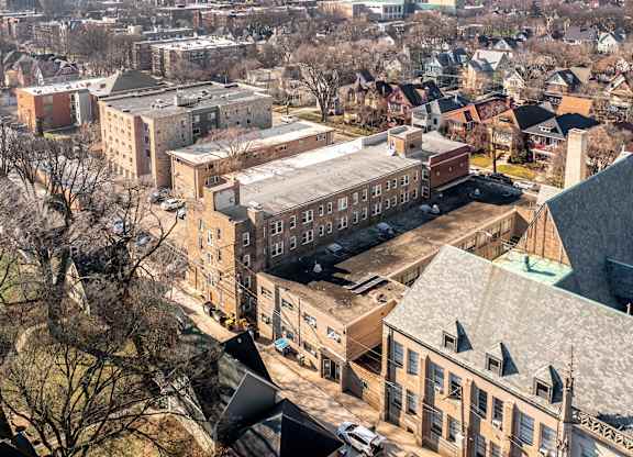 A view of a city from above with buildings of various sizes at Pleasant Oak Apartments, Oak Park, IL