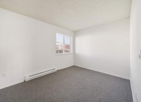 A room with a window and a radiator on the floor.