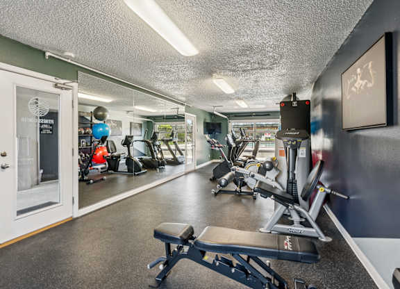 A gym with a variety of equipment including a rowing machine.