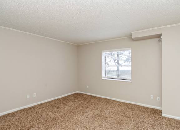 A room with a window and carpeted floor.