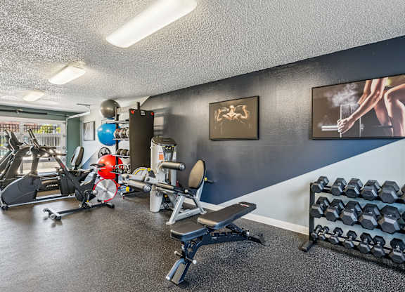 A gym with a variety of equipment including a treadmill, stationary bike, and dumbbells.