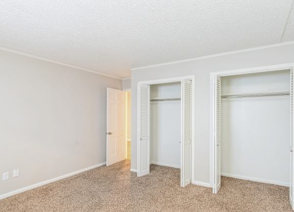 A bedroom with a carpeted floor and two closets..