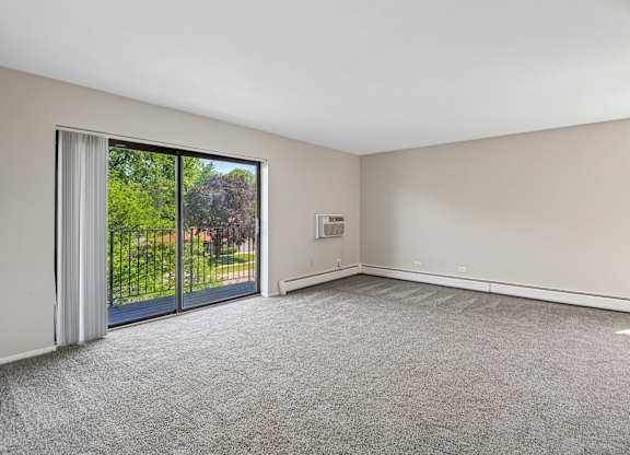 A room with a grey carpet and a sliding glass door.