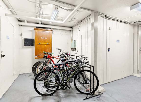 A bicycle storage area and storage lockers.