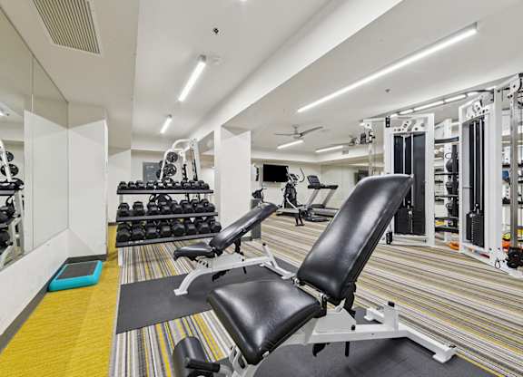 A gym with a variety of equipment including weights and machines.
