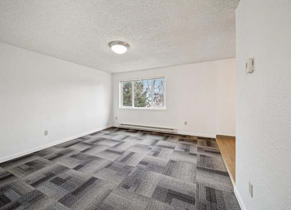 A room with a carpeted floor and a window.