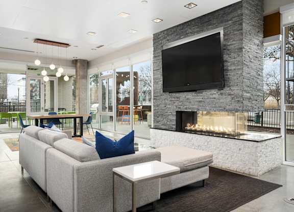 Lounge Area With Fireplace at Track 29 Apartments, Minneapolis