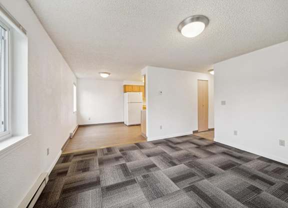 A room with a carpeted floor and a white ceiling.