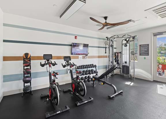 A gym with a row of exercise bikes and a television mounted on the wall.