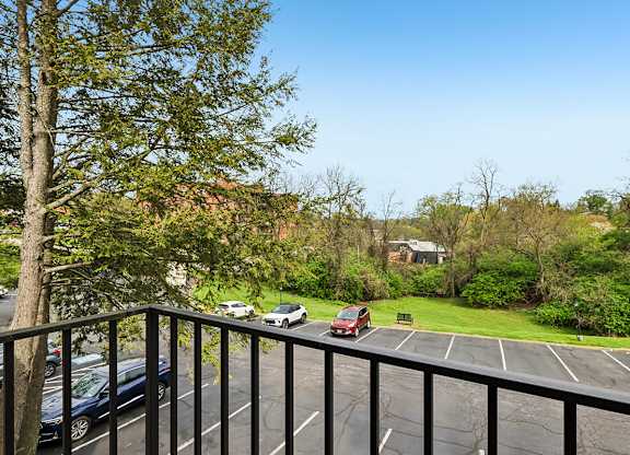 A parking lot with cars and a tree in the foreground.