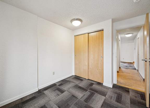 A room with a carpeted floor and a wooden door.