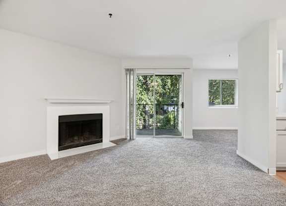 A white room with a fireplace and a carpet.
