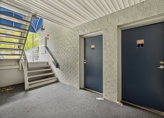 Apartment entrance dark blue doors at ReNew Odenton