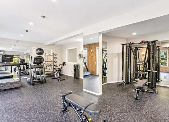 A spacious gym with a variety of equipment including a squat rack, bench, and weights.