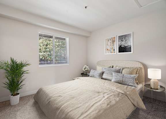 A bedroom with a large bed and a potted plant.
