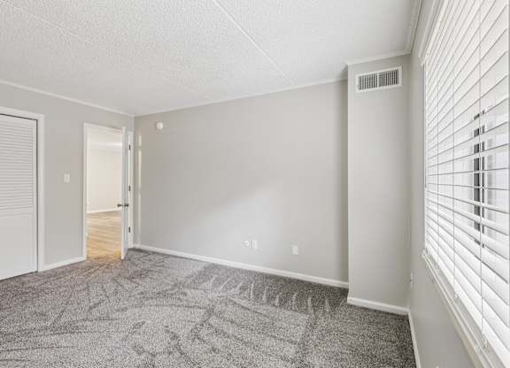 A room with a carpeted floor and a window with blinds.