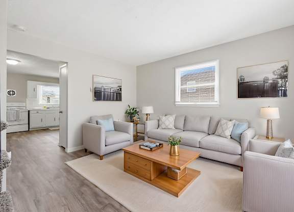 A living room with a grey sofa, a wooden coffee table, and a grey rug.