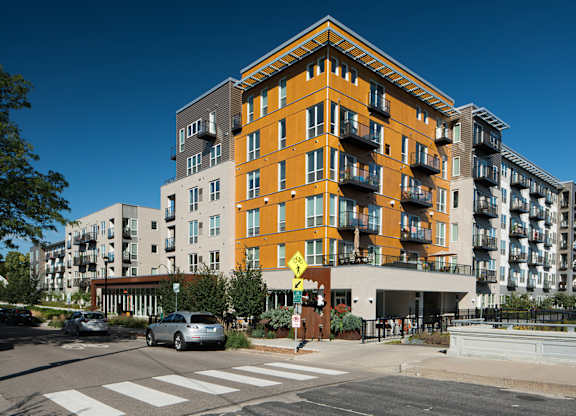 Street view of the exterior apartment building at Track 29 Apartments, Minneapolis, MN, Minnesota
