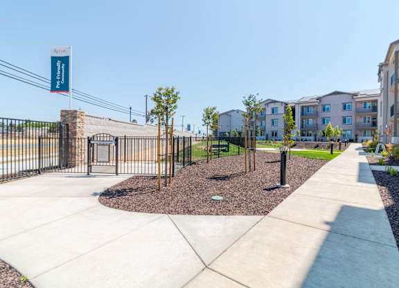 A walkway along apartment buildings