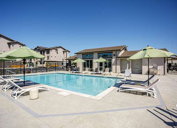 A swimming pool surrounded by sun loungers and umbrellas.