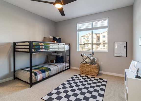 A room with a bunk bed and a black and white rug.