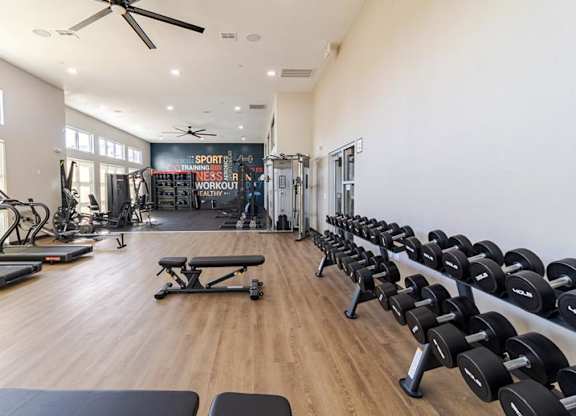 A spacious gym with a variety of equipment including treadmills, weights, and a squat rack.