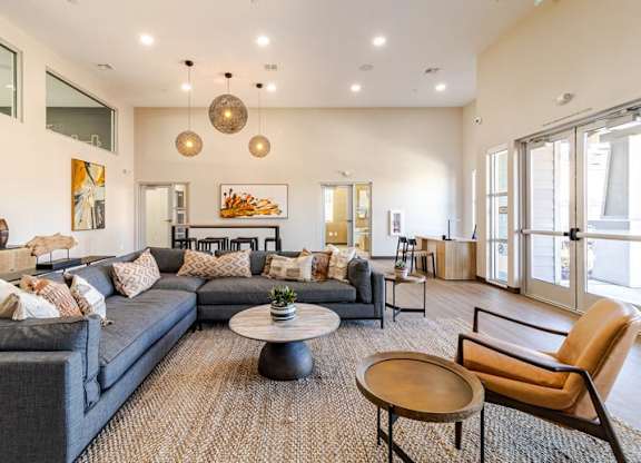 A living room with a grey couch and a brown rug.