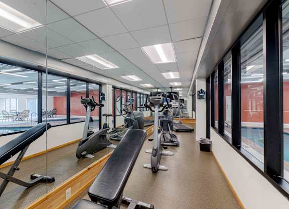 A gym with treadmills and exercise equipment.