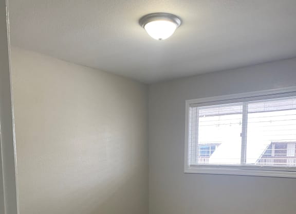 an empty room with carpet and a window