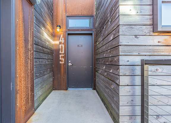 Modern apartment entrance with unit number 405 at Brooklyn Yard Apartments, Portland, Oregon