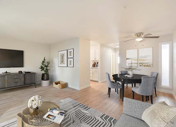 A living room with a grey sofa and a glass coffee table.
