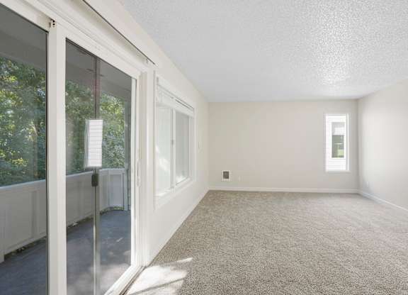 A room with a carpeted floor and a window.
