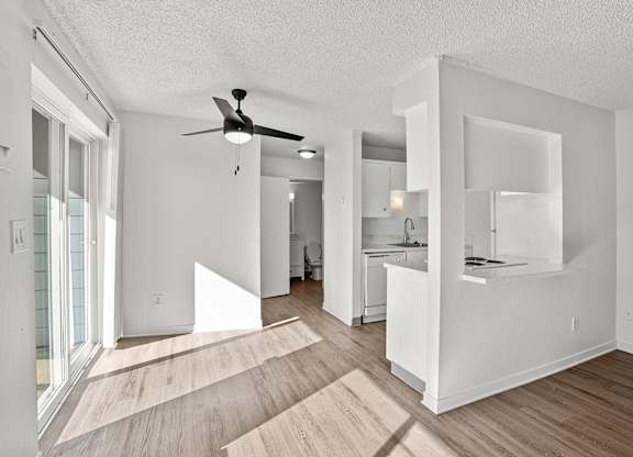 A white room with a ceiling fan and wooden flooring.
