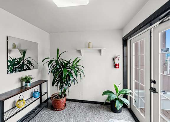 Entrance to the rooftop deck with plants and images and glass doors
