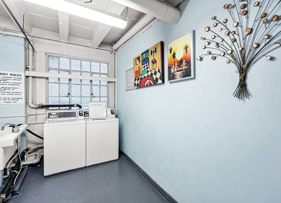 Laundry room with blue walls and decorative art